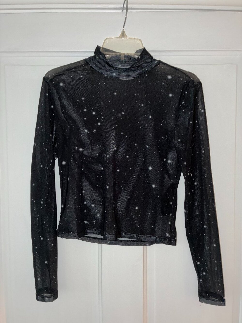 Noisy May Black Galaxy Sheer Mesh Mock Neck Top M